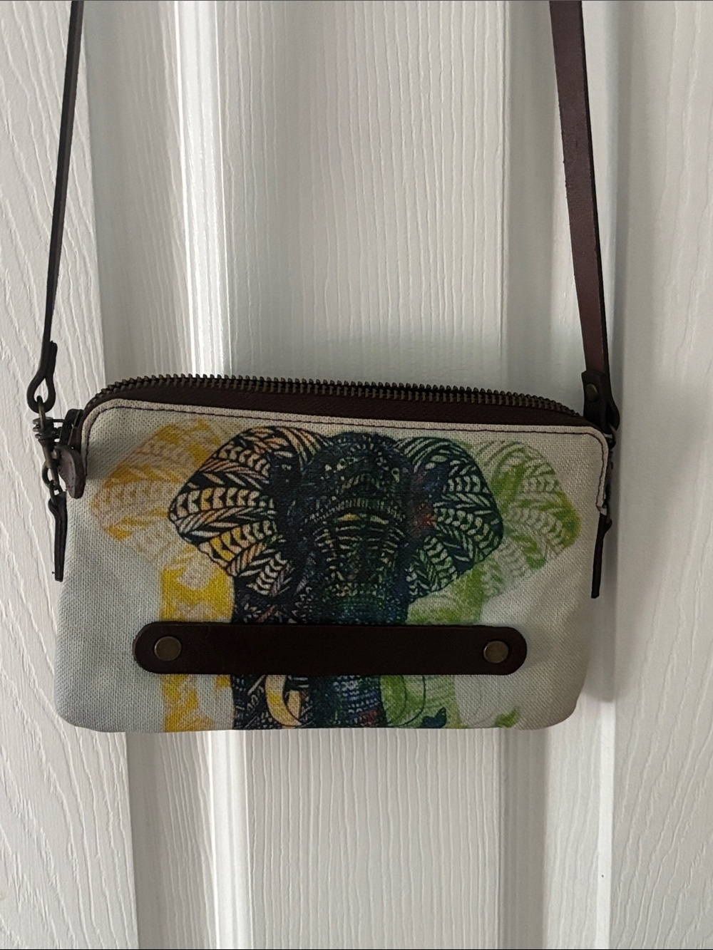 Canvas Crossbody Bag with Multicolor Elephant Print
